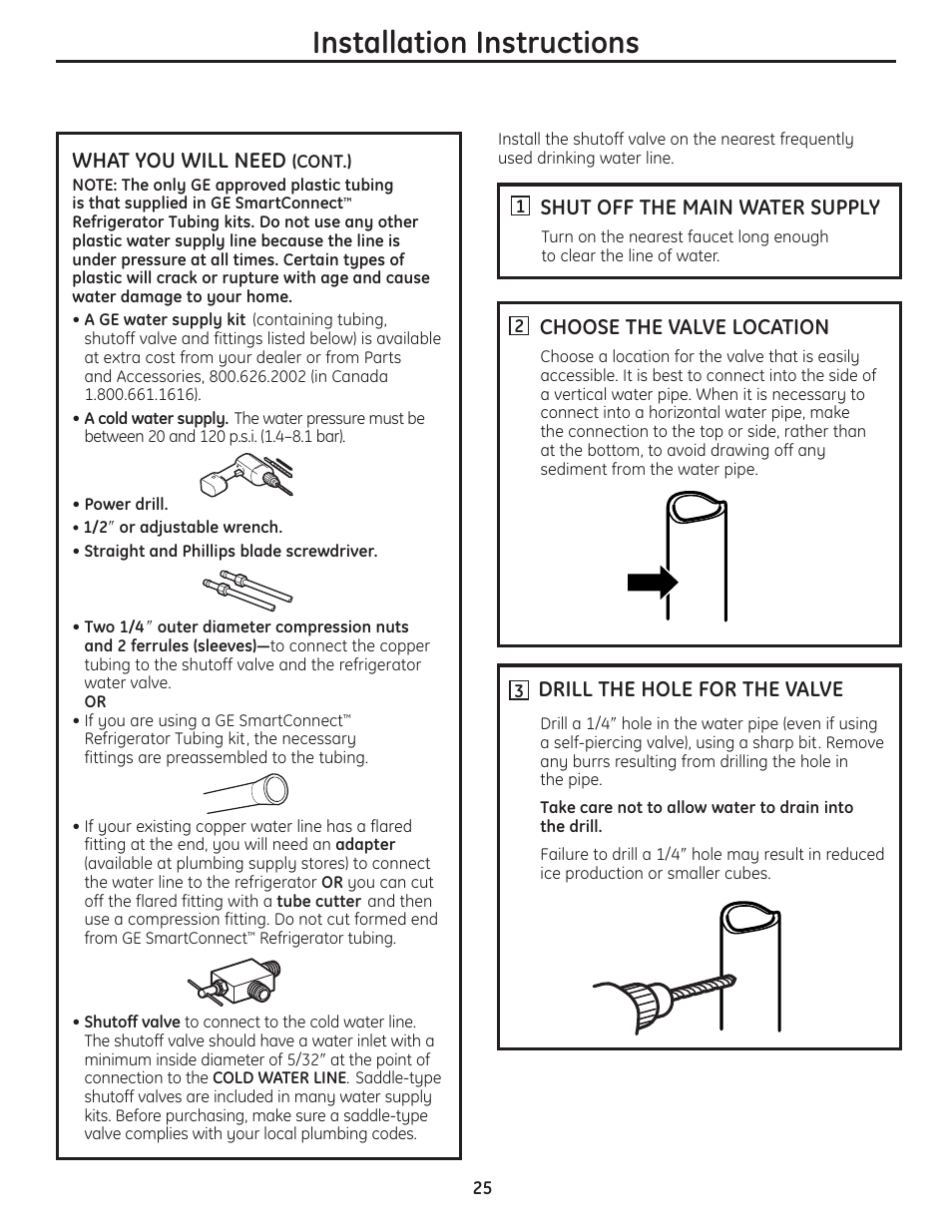 Installation instructions, What you will need, Shut off the main water supply | Choose the valve location, Drill the hole for the valve | GE 200D8074P036 User Manual | Page 25 / 104