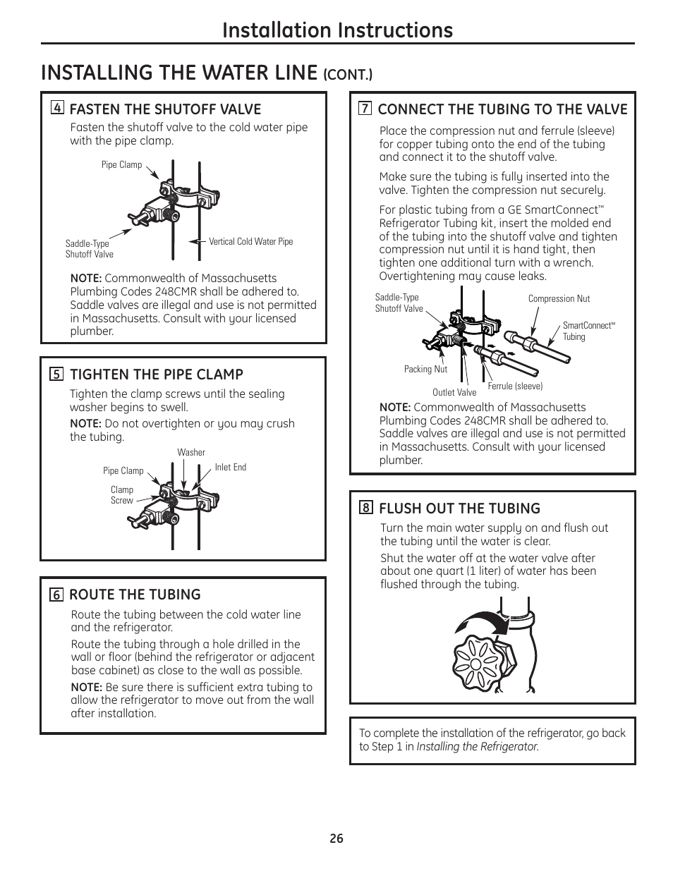 Installation instructions, Installing the water line, Connect the tubing to the valve | Flush out the tubing, Fasten the shutoff valve, Tighten the pipe clamp, Route the tubing, Cont.) | GE 200D8074P036 User Manual | Page 26 / 104