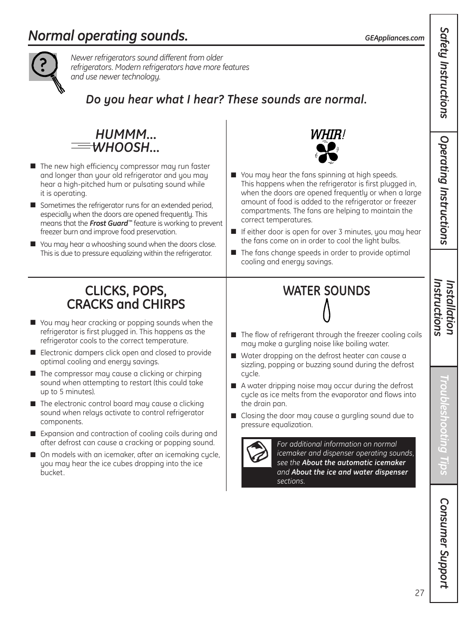 Troubleshooting tips, Normal operating sounds, Hummm... whoosh | Clicks, pops, cracks and chirps, Water sounds, Do you hear what i hear? these sounds are normal | GE 200D8074P036 User Manual | Page 27 / 104