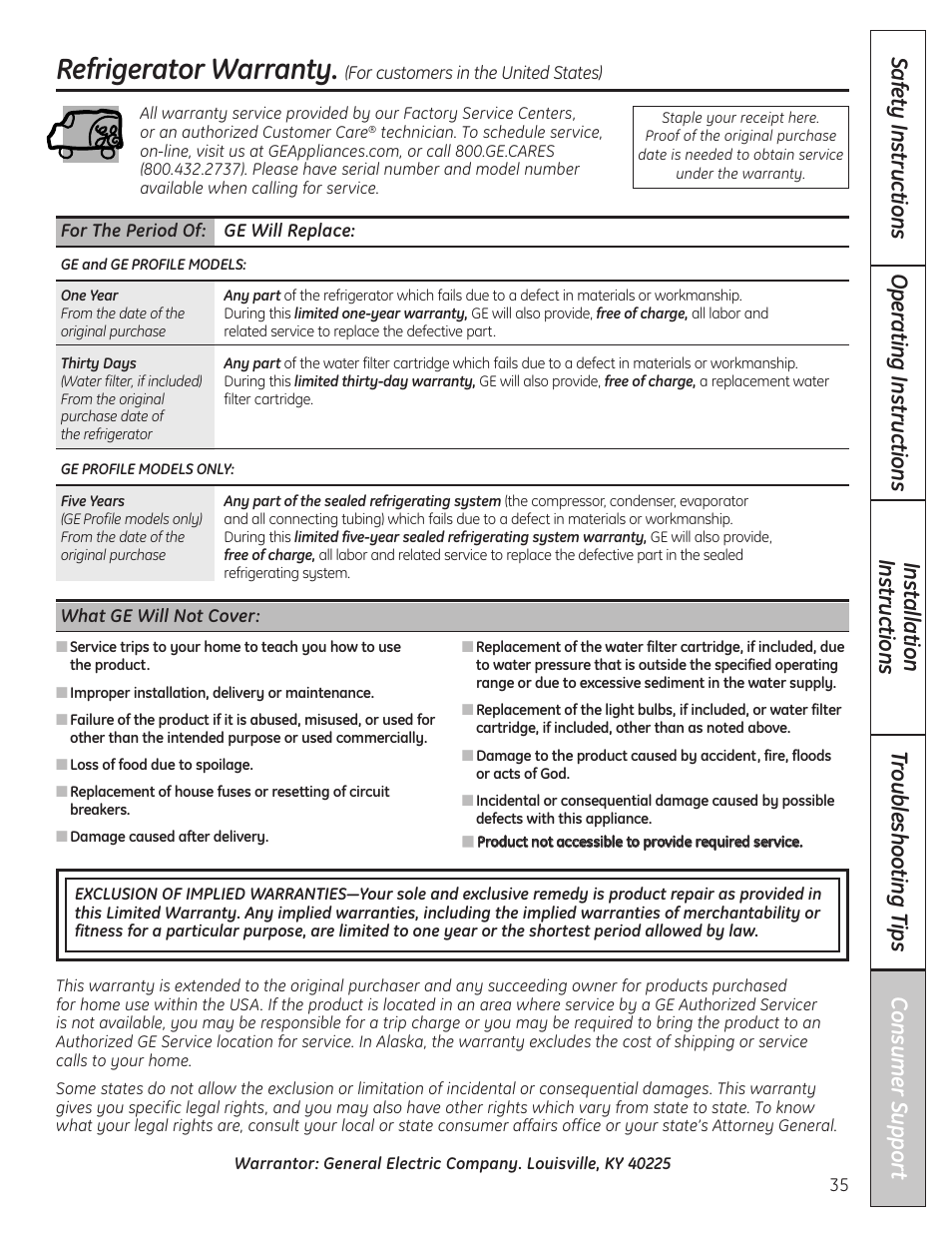 Warranty (u.s.), Refrigerator warranty | GE 200D8074P036 User Manual | Page 35 / 104