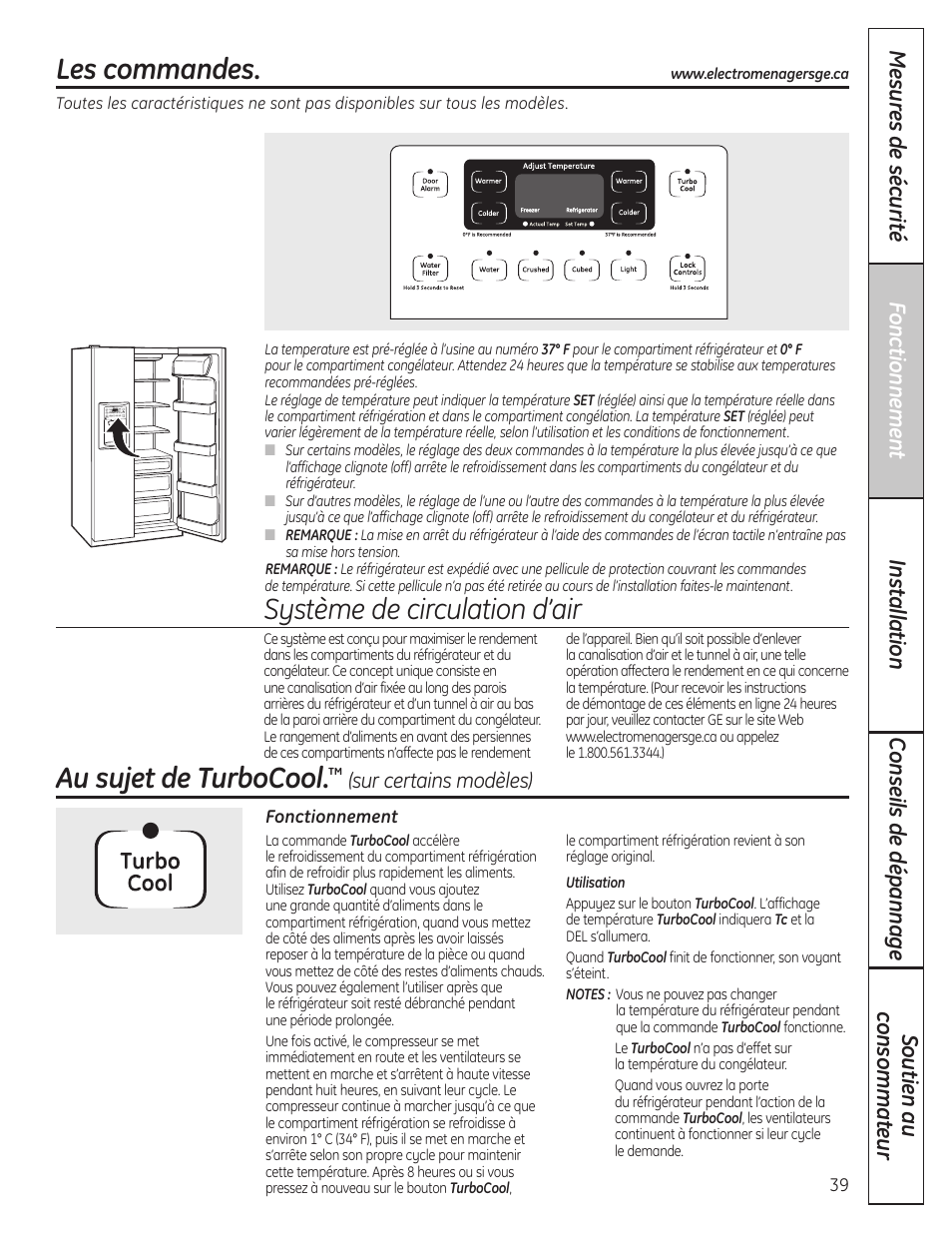 Les commandes, Turbocool, Au sujet de turbocool | Système de circulation d’air | GE 200D8074P036 User Manual | Page 39 / 104