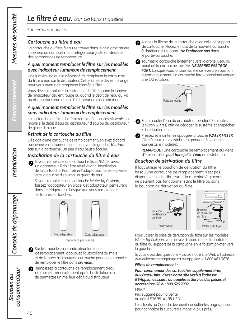 Le filtre à eau | GE 200D8074P036 User Manual | Page 40 / 104