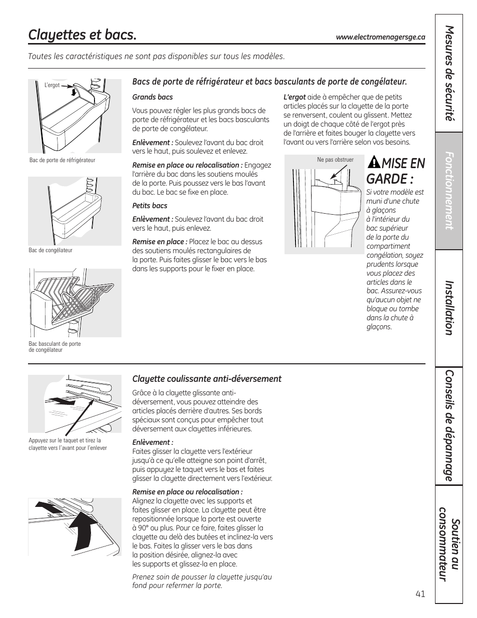 Clayettes et bacs, Clayettes et bacs , 42, Mise en garde | GE 200D8074P036 User Manual | Page 41 / 104