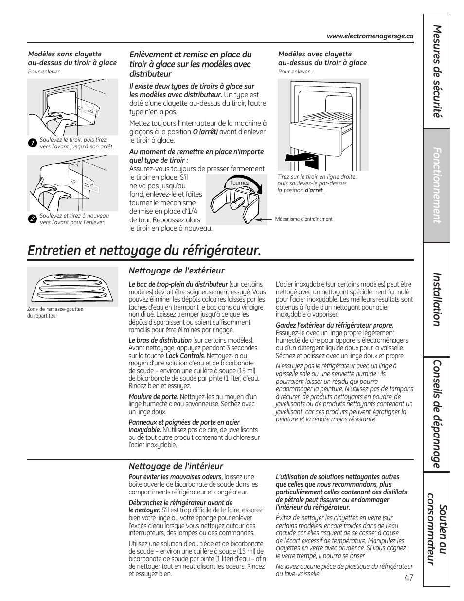 Entretien et nettoyage du réfrigérateur, Entretien et nettoyage du réfrigérateur , 48 | GE 200D8074P036 User Manual | Page 47 / 104