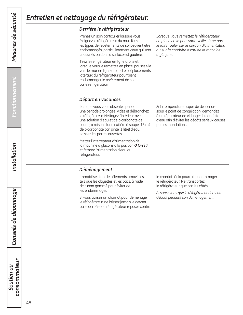 Entretien et nettoyage du réfrigérateur | GE 200D8074P036 User Manual | Page 48 / 104