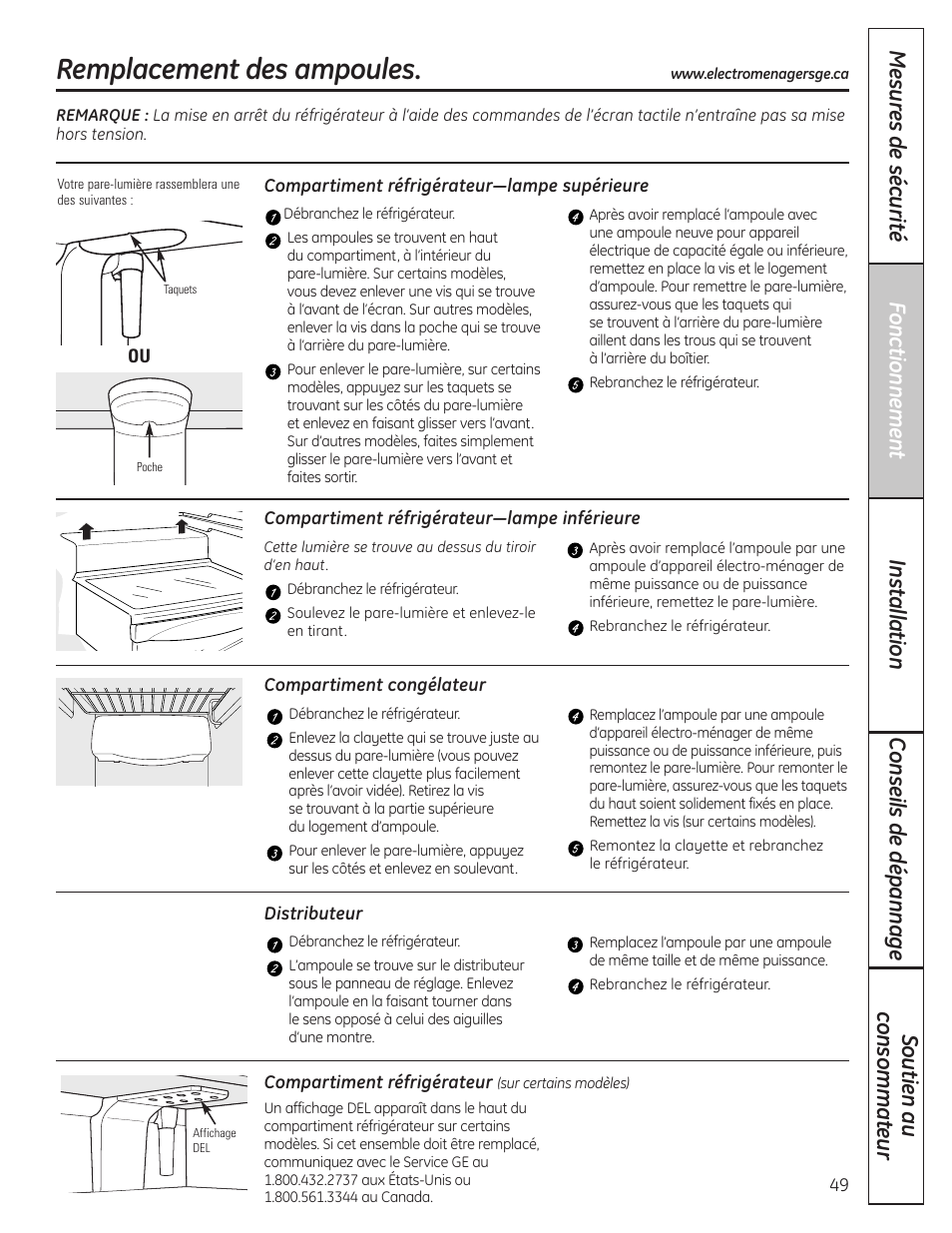 Remplacement des ampoules | GE 200D8074P036 User Manual | Page 49 / 104