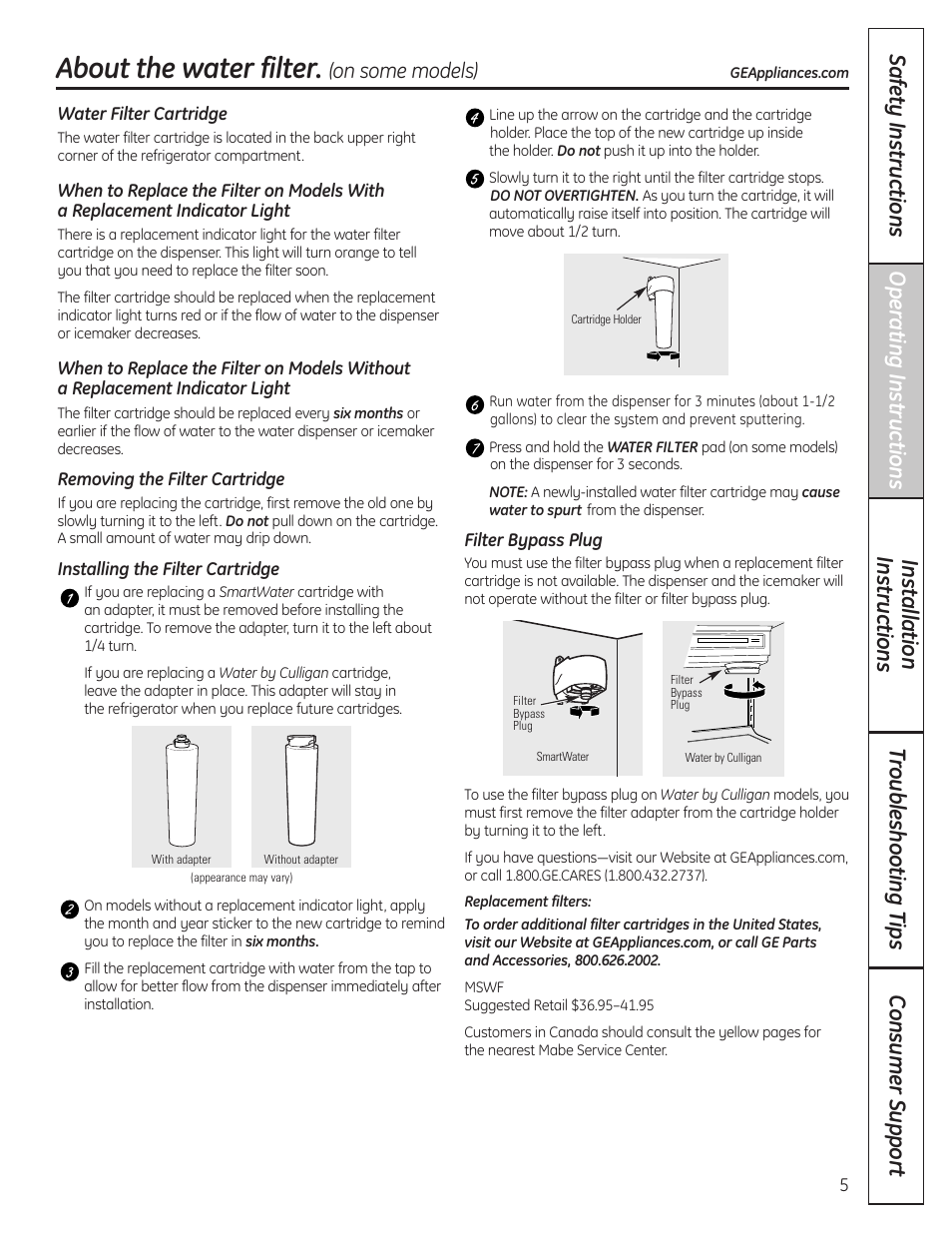Water filter, About the water filter | GE 200D8074P036 User Manual | Page 5 / 104
