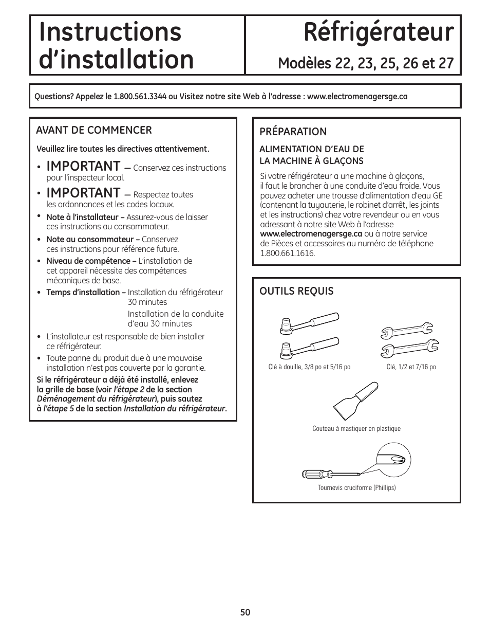 Préparation, Instructions réfrigérateur d’installation, Important | GE 200D8074P036 User Manual | Page 50 / 104