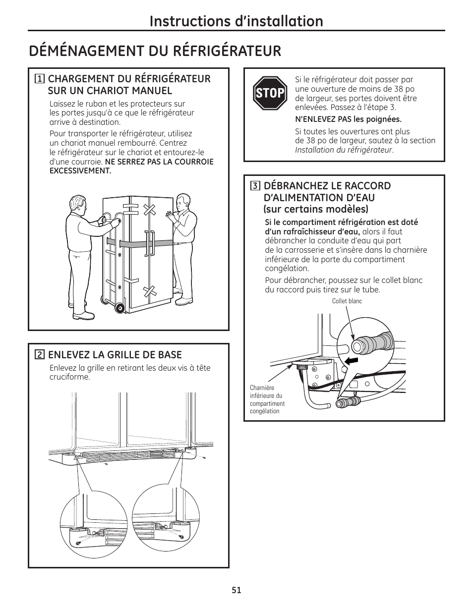 Déménagement du réfrigérateur, Déménagement du réfrigérateur –54, Instructions d’installation | GE 200D8074P036 User Manual | Page 51 / 104