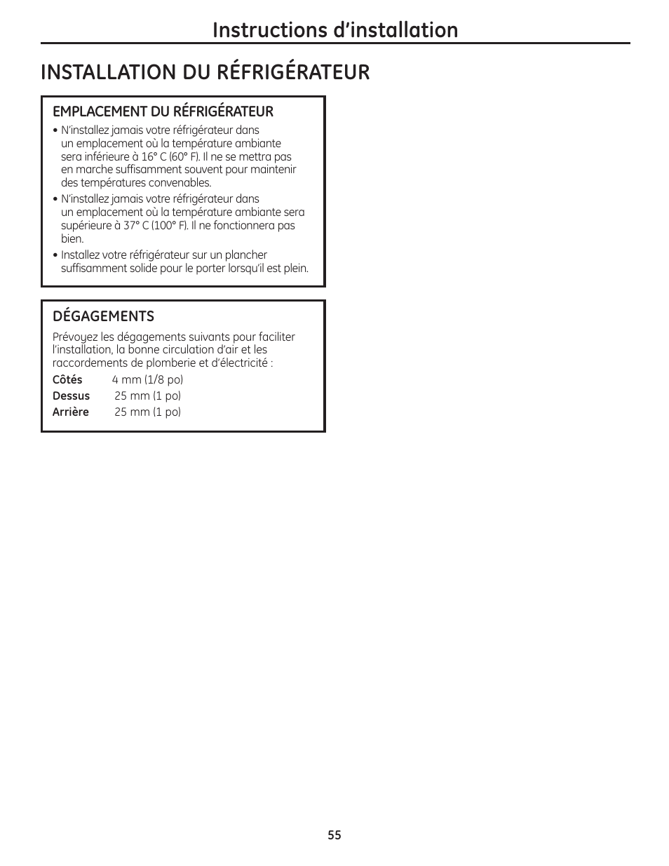 Installation du réfrigérateur, Installation du réfrigérateur –58 | GE 200D8074P036 User Manual | Page 55 / 104