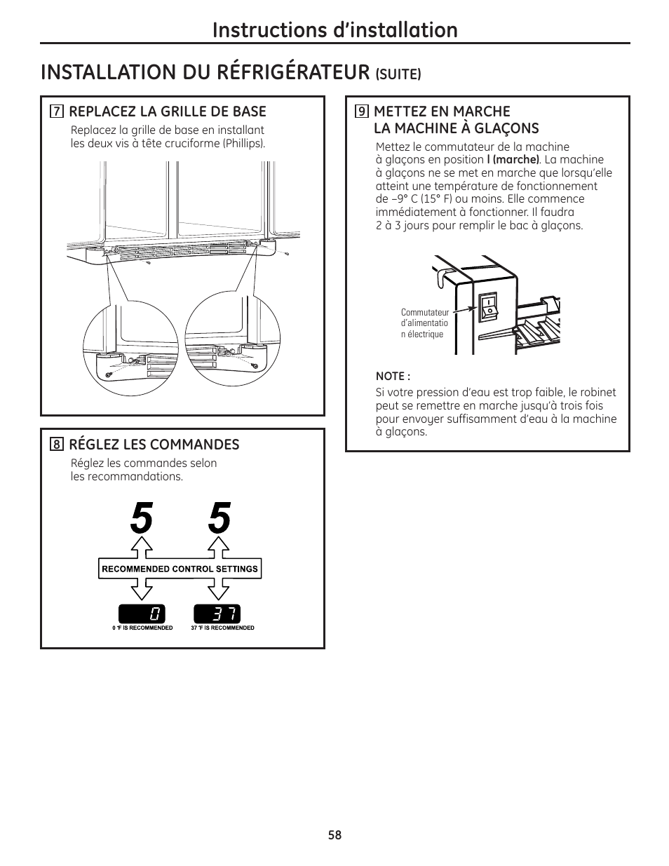 Instructions d’installation, Installation du réfrigérateur | GE 200D8074P036 User Manual | Page 58 / 104