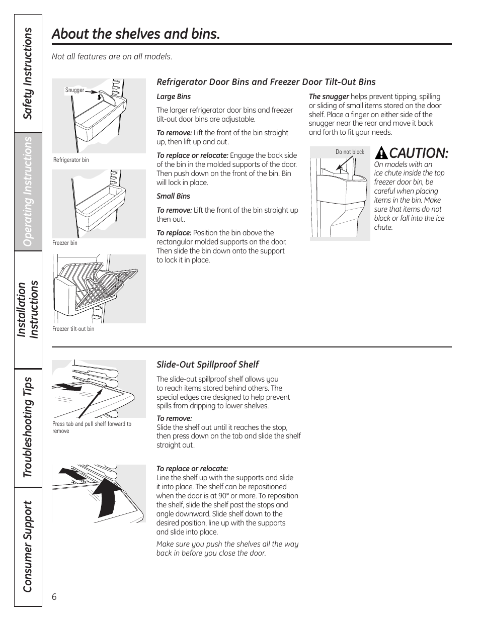 Shelves and bins, Shelves and bins , 7, About the shelves and bins | Caution | GE 200D8074P036 User Manual | Page 6 / 104