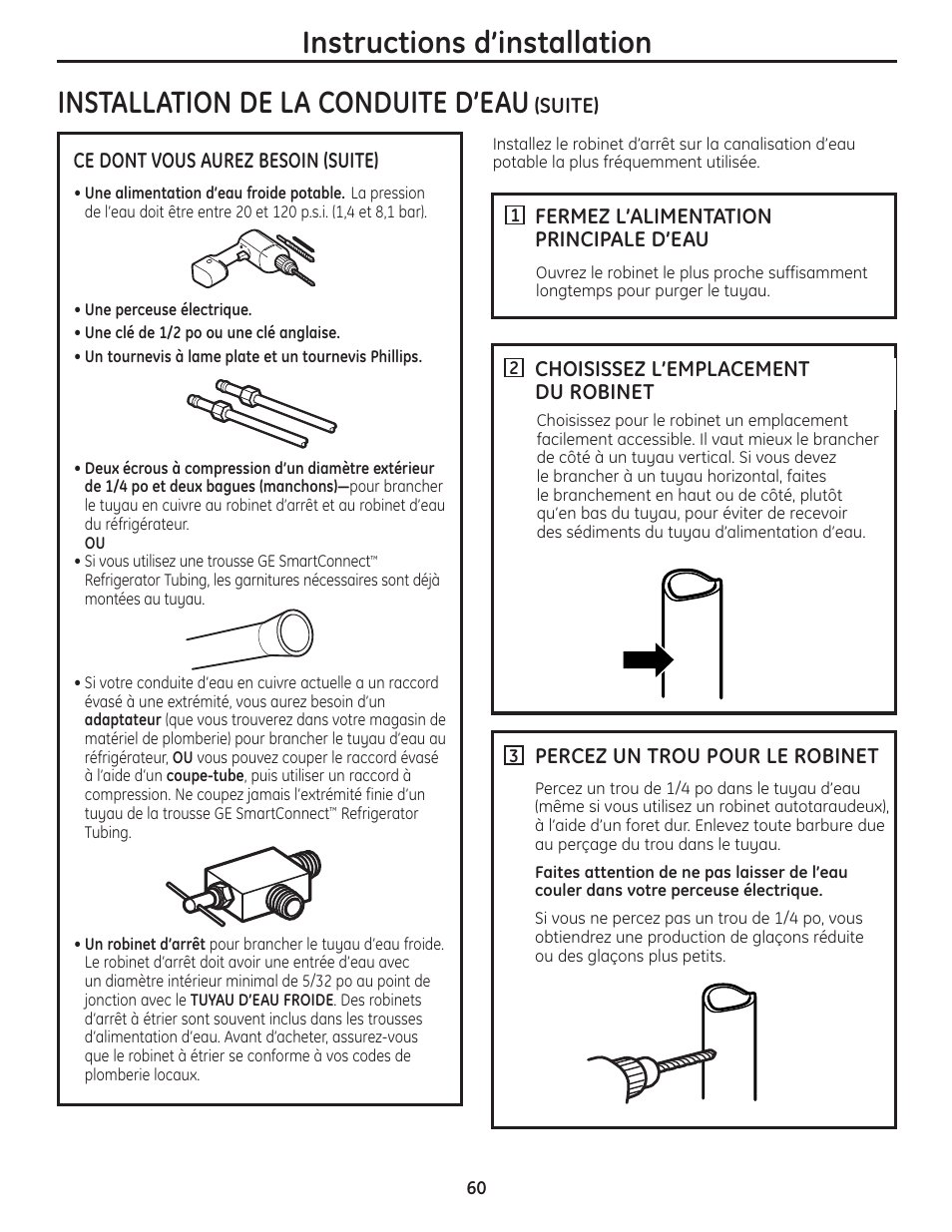 Instructions d’installation, Installation de la conduite d’eau | GE 200D8074P036 User Manual | Page 60 / 104