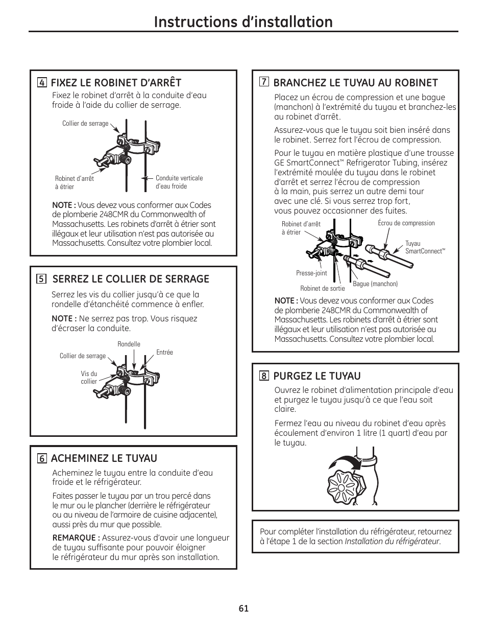 Instructions d’installation, Branchez le tuyau au robinet, Purgez le tuyau | Acheminez le tuyau, Fixez le robinet d’arrêt, Serrez le collier de serrage | GE 200D8074P036 User Manual | Page 61 / 104