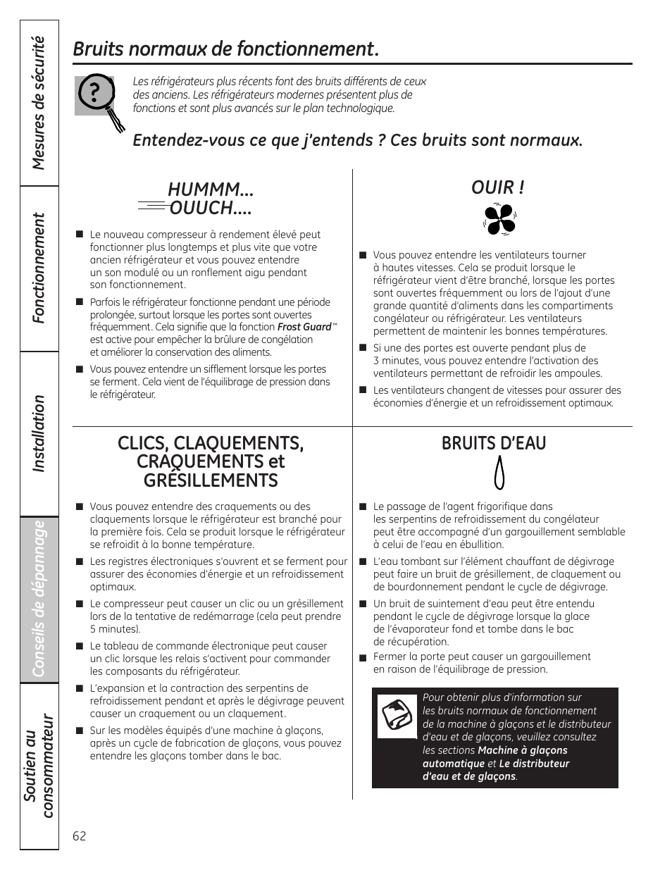 Conseils de dépannage, Bruits de fonctionnement normaux, Bruits normaux de fonctionnement | Hummm... ouuch, Clics, claquements, craquements et grésillements, Bruits d’eau, Ouir | GE 200D8074P036 User Manual | Page 62 / 104