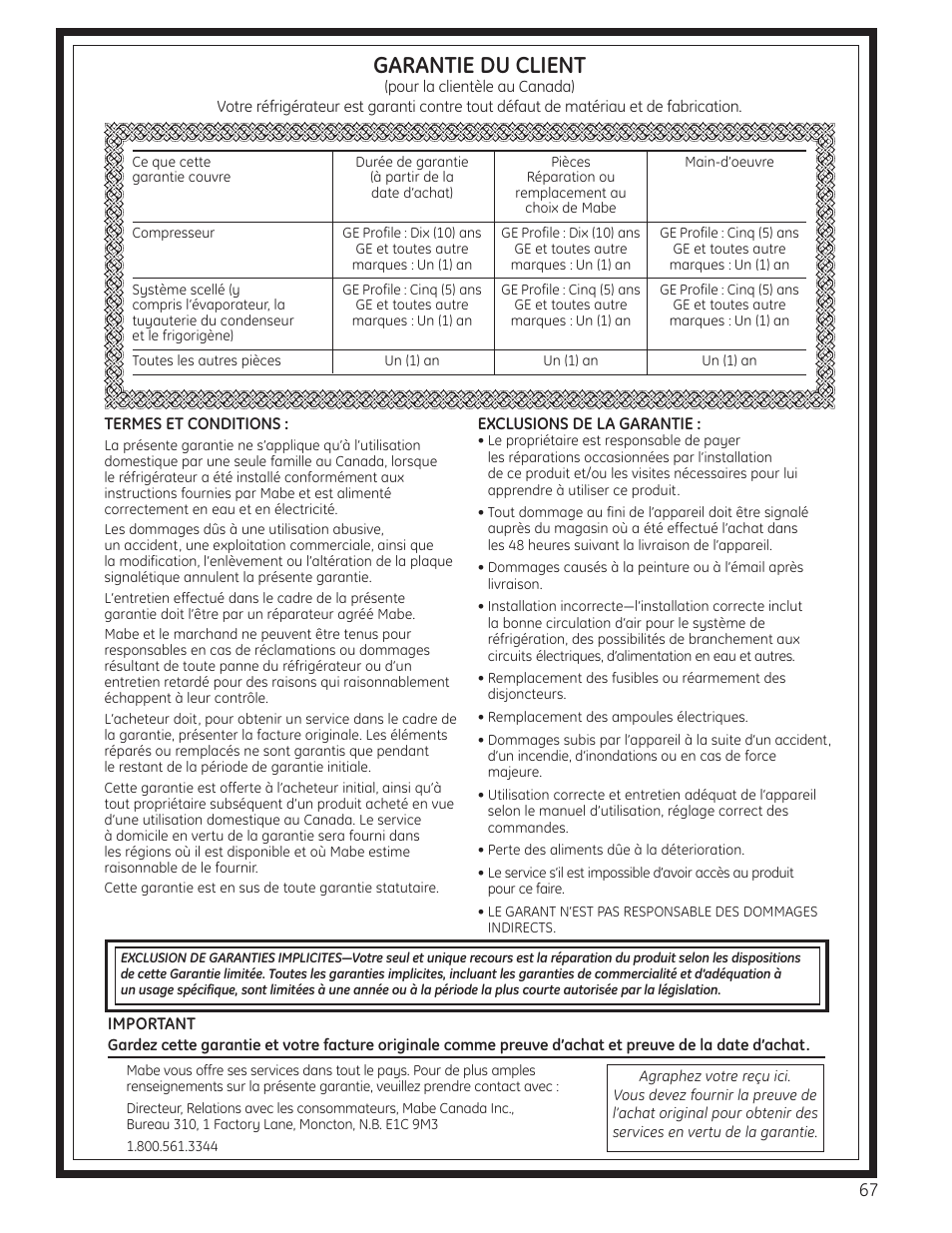 Garantie pour la clientèle au canada, Garantie du client | GE 200D8074P036 User Manual | Page 67 / 104