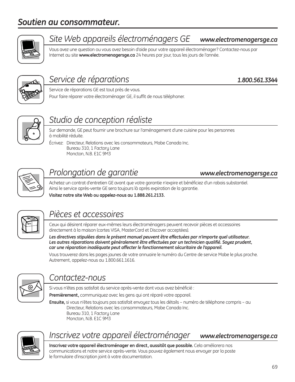 Soutien au consommateur, Service de réparations, Studio de conception réaliste | Prolongation de garantie, Pièces et accessoires, Contactez-nous, Inscrivez votre appareil électroménager | GE 200D8074P036 User Manual | Page 69 / 104