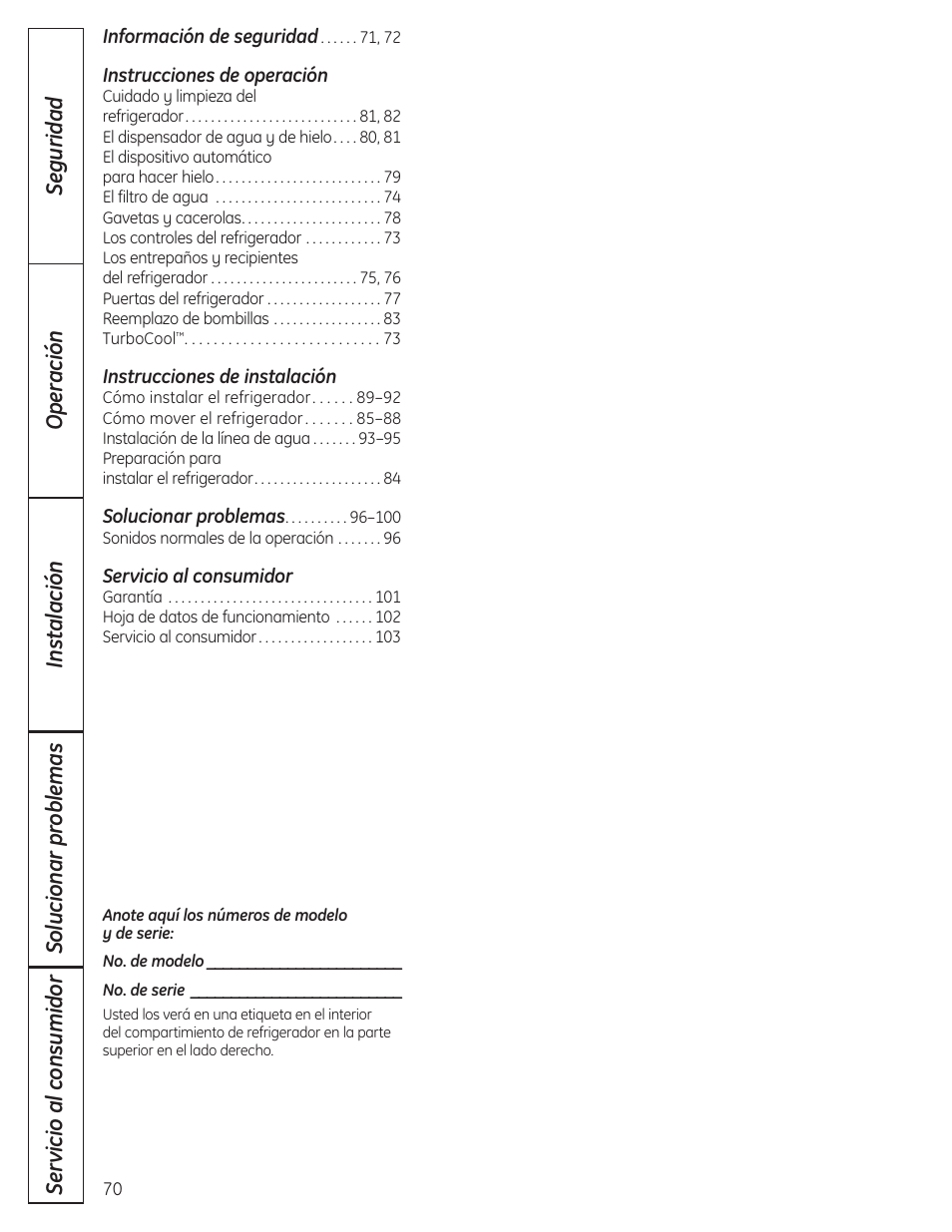 Spanish, Instrucciones de operación, Instrucciones de instalación | Servicio al consumidor | GE 200D8074P036 User Manual | Page 70 / 104