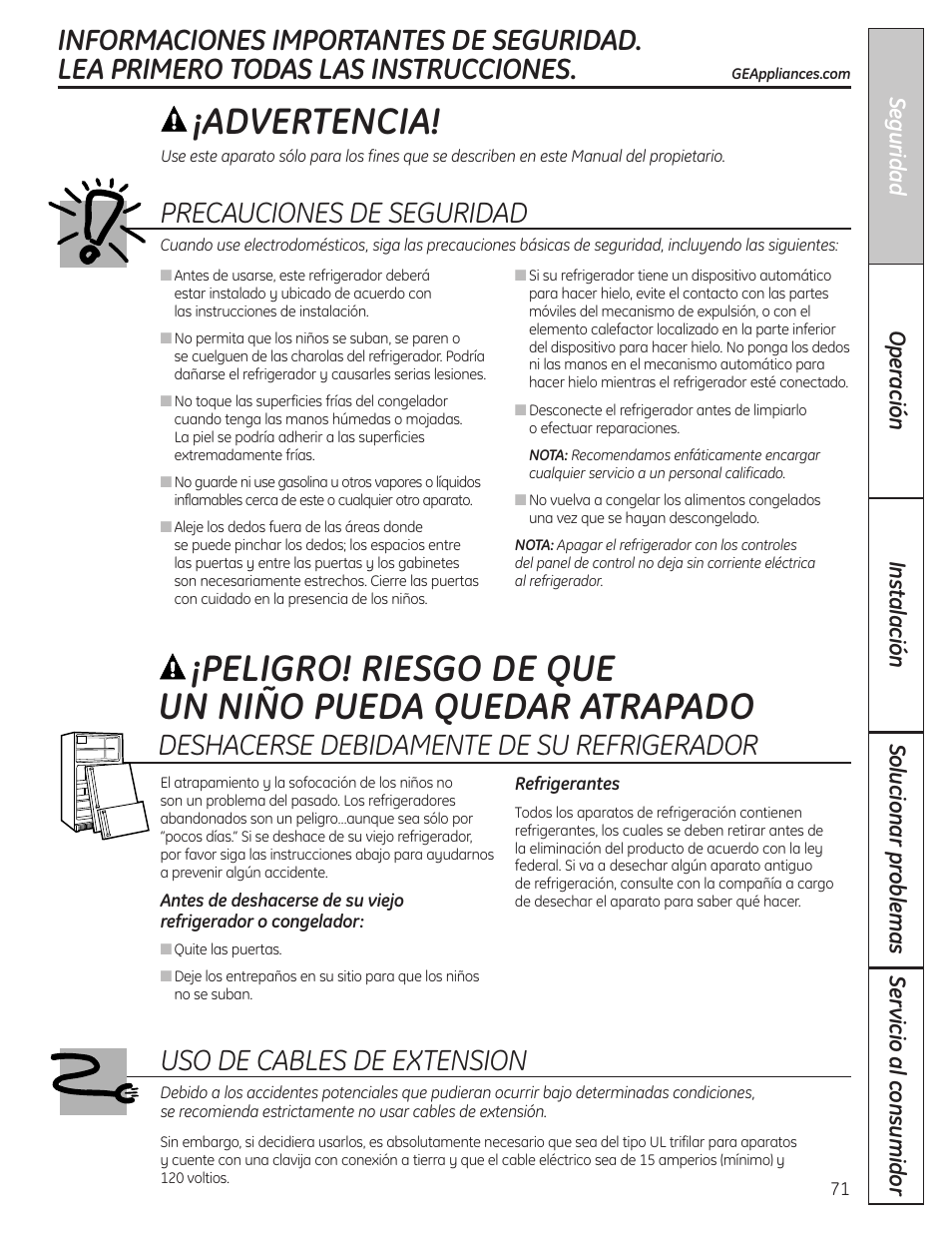 Información de seguridad, Advertencia, Precauciones de seguridad | Deshacerse debidamente de su refrigerador, Uso de cables de extension | GE 200D8074P036 User Manual | Page 71 / 104