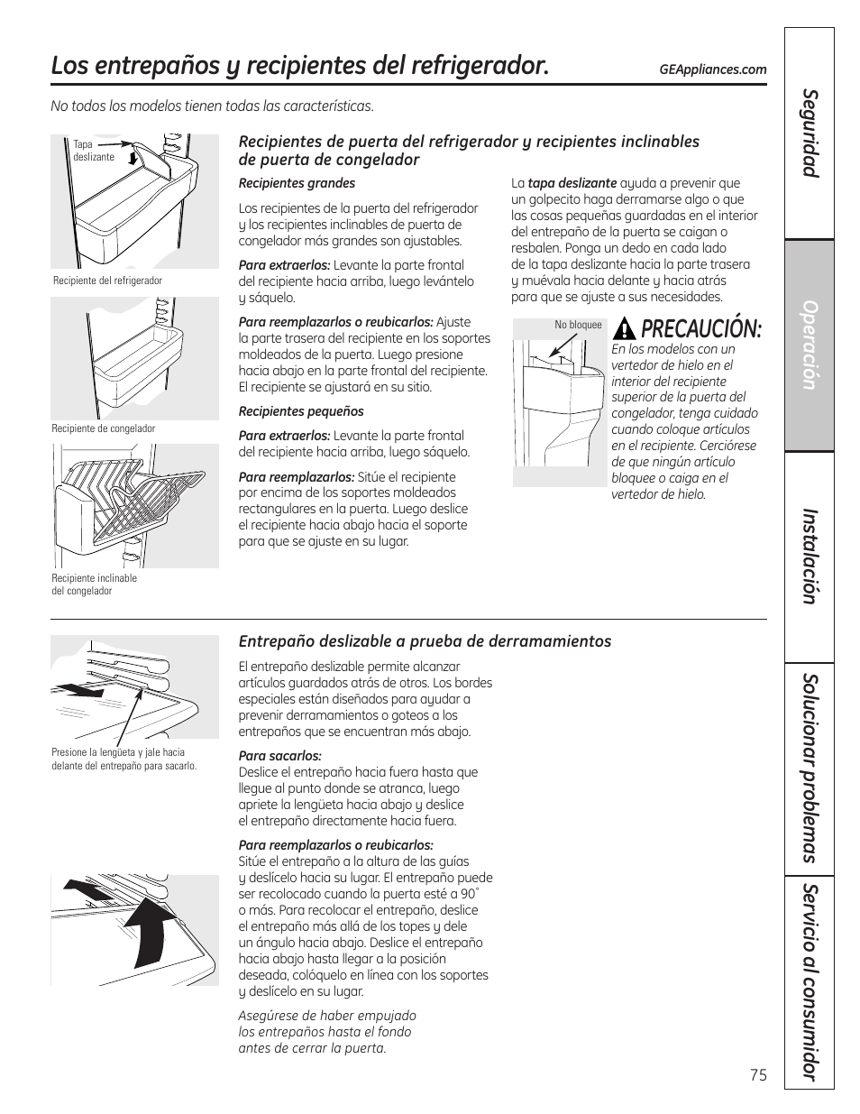 Los entrepaños y recipientes del refrigerador, Los entrepaños y recipientes del refrigerador , 76, Precaución | GE 200D8074P036 User Manual | Page 75 / 104