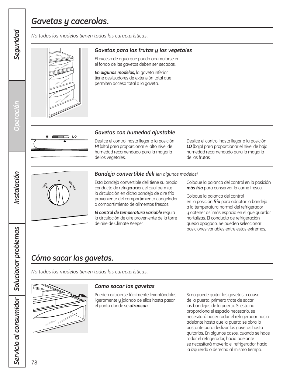 Gavetas y cacerolas, Cómo sacar las gavetas | GE 200D8074P036 User Manual | Page 78 / 104