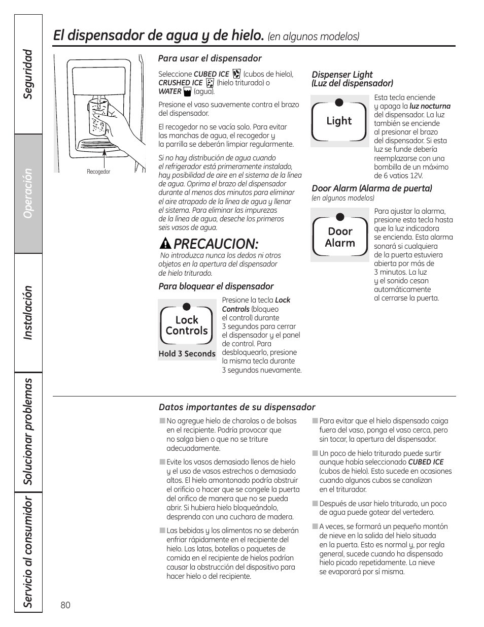 El dispensador de agua y de hielo, El dispensador de agua y de hielo , 81, Precaucion | GE 200D8074P036 User Manual | Page 80 / 104