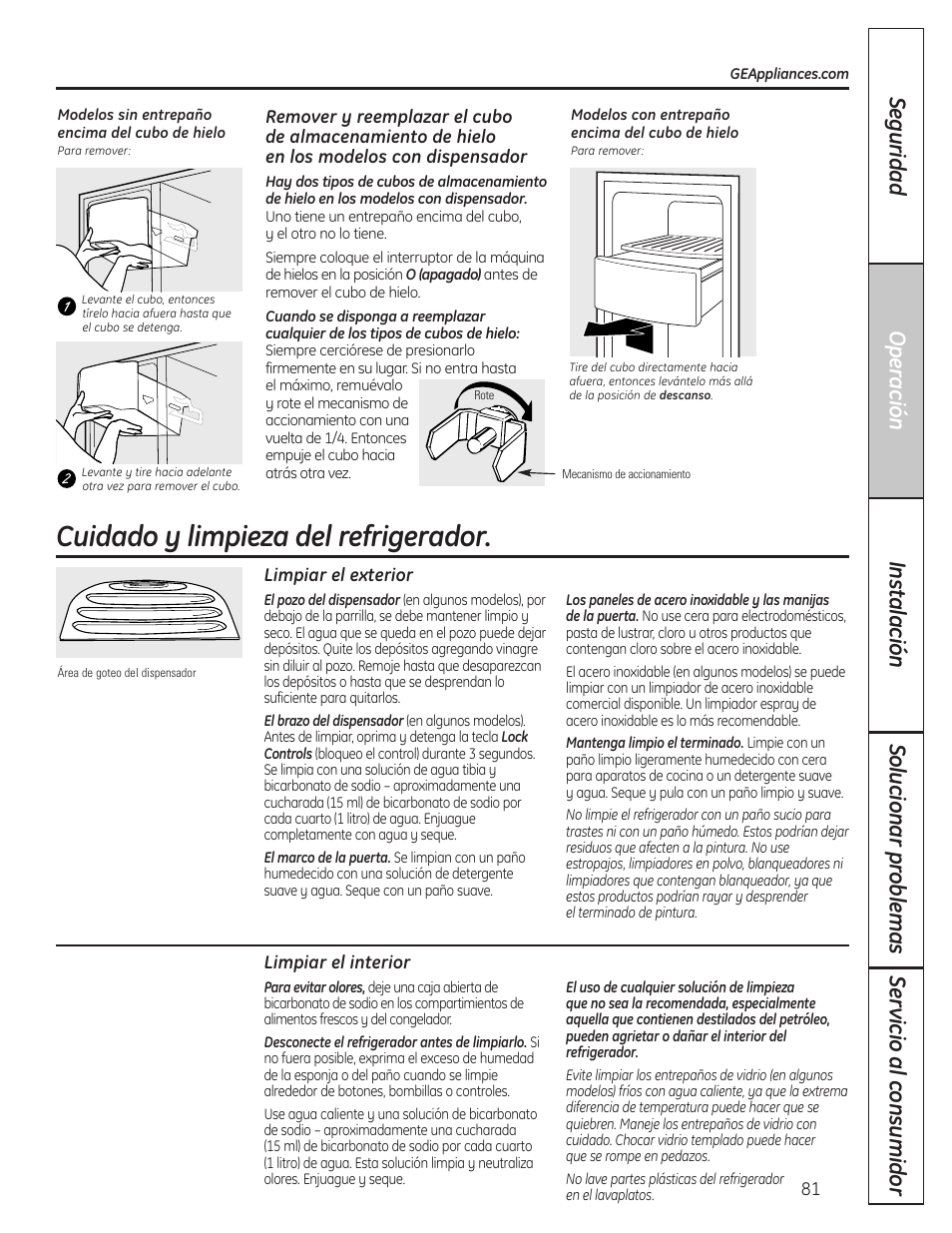 Cuidado y limpieza del refrigerador, Cuidado y limpieza del refrigerador , 82 | GE 200D8074P036 User Manual | Page 81 / 104