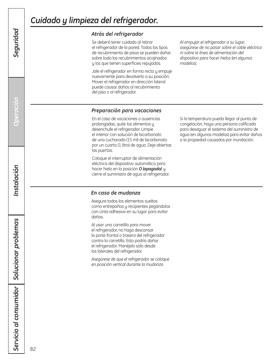 Cuidado y limpieza del refrigerador | GE 200D8074P036 User Manual | Page 82 / 104