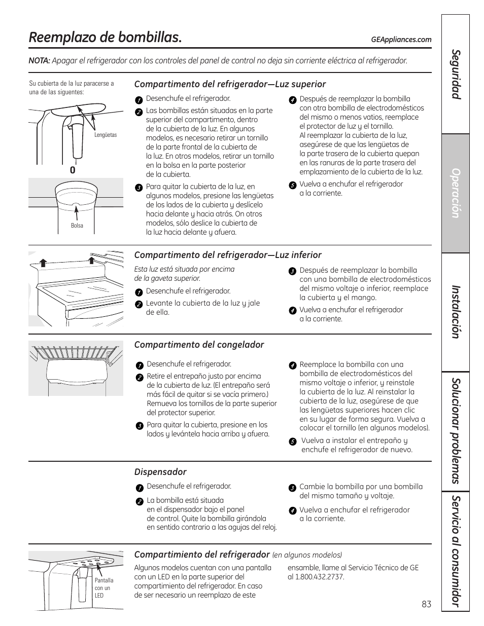 Reemplazo de bombillas | GE 200D8074P036 User Manual | Page 83 / 104