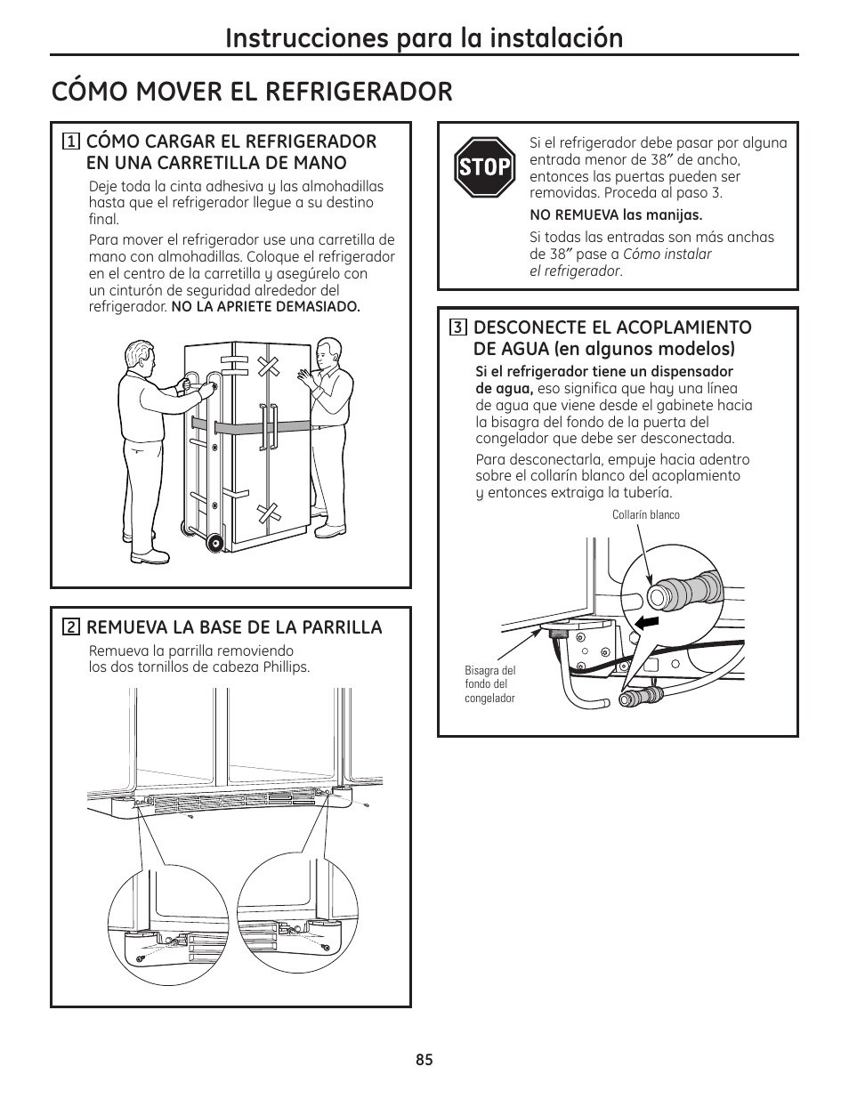 Cómo mover el refrigerador, Cómo mover el refrigerador –88, Instrucciones para la instalación | GE 200D8074P036 User Manual | Page 85 / 104