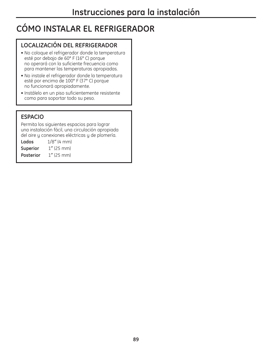 Cómo instalar el refrigerador, Cómo instalar el refrigerador –92 | GE 200D8074P036 User Manual | Page 89 / 104