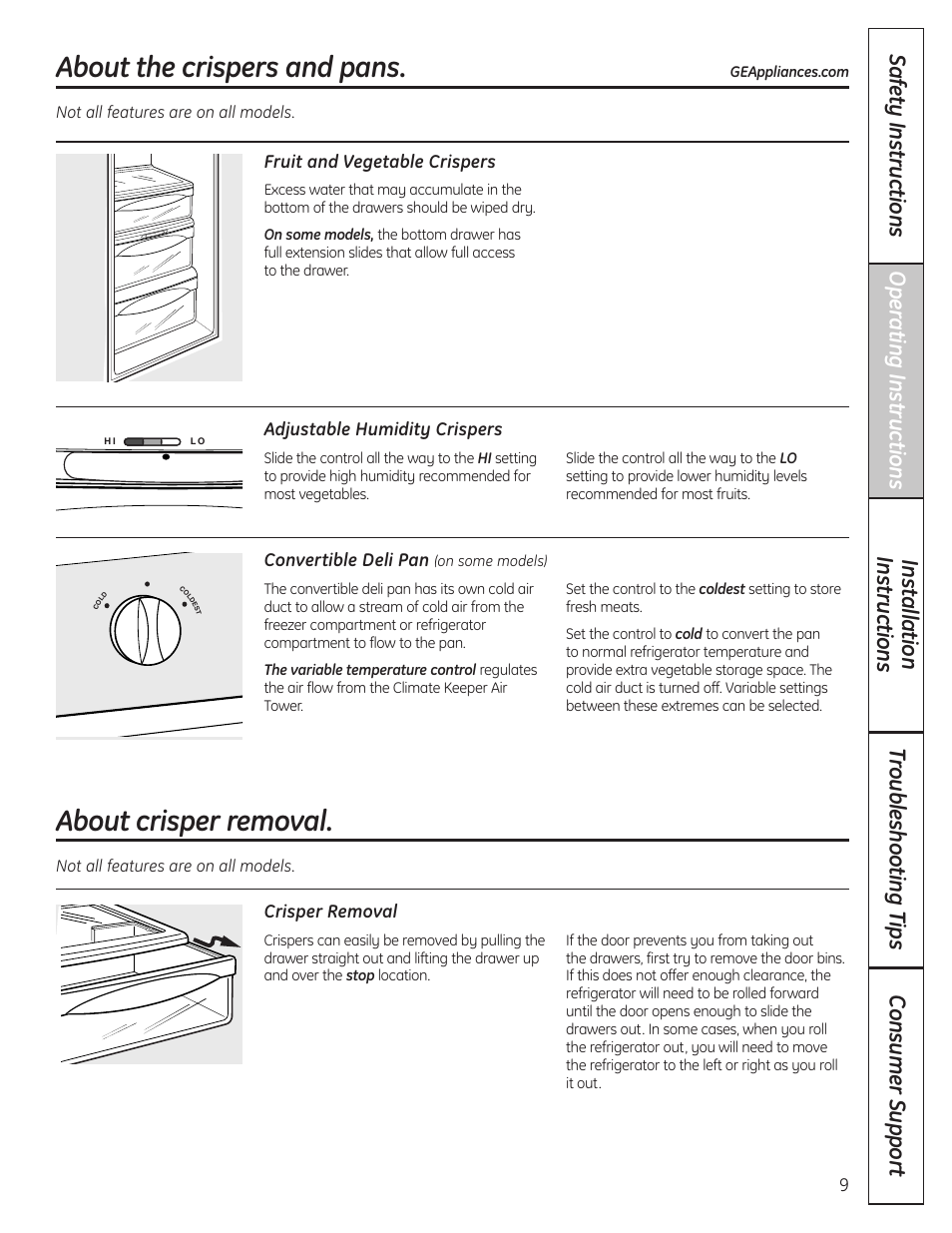 Crispers and pans, About crisper removal, About the crispers and pans | GE 200D8074P036 User Manual | Page 9 / 104