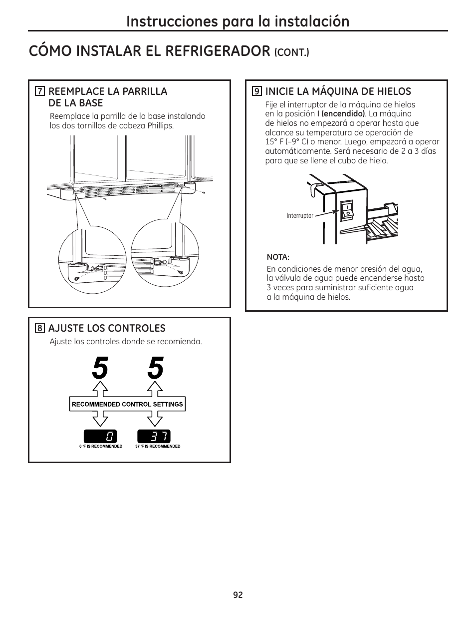 Instrucciones para la instalación, Cómo instalar el refrigerador | GE 200D8074P036 User Manual | Page 92 / 104