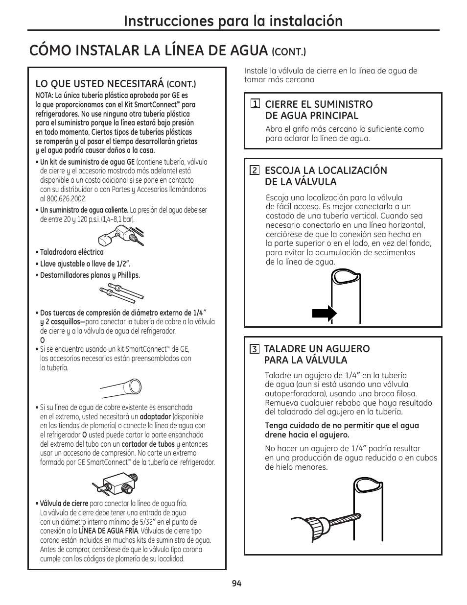 Cómo instalar la línea de agua, Instrucciones para la instalación | GE 200D8074P036 User Manual | Page 94 / 104