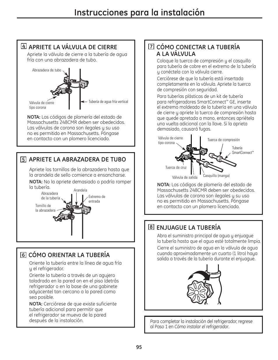 Instrucciones para la instalación, Cómo conectar la tubería a la válvula, Enjuague la tubería | Apriete la válvula de cierre, Apriete la abrazadera de tubo, Cómo orientar la tubería | GE 200D8074P036 User Manual | Page 95 / 104