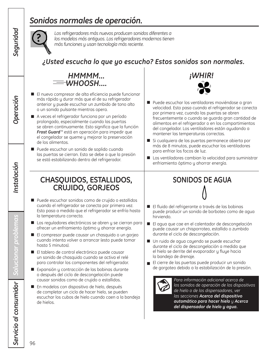 Solucionar problemas, Sonidos normales de la operación, Sonidos normales de operación | Chasquidos, estallidos, crujido, gorjeos, Sonidos de agua, Whir | GE 200D8074P036 User Manual | Page 96 / 104