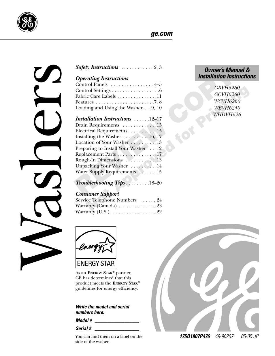 GE Front Load Washer WHDVH626 User Manual | 24 pages