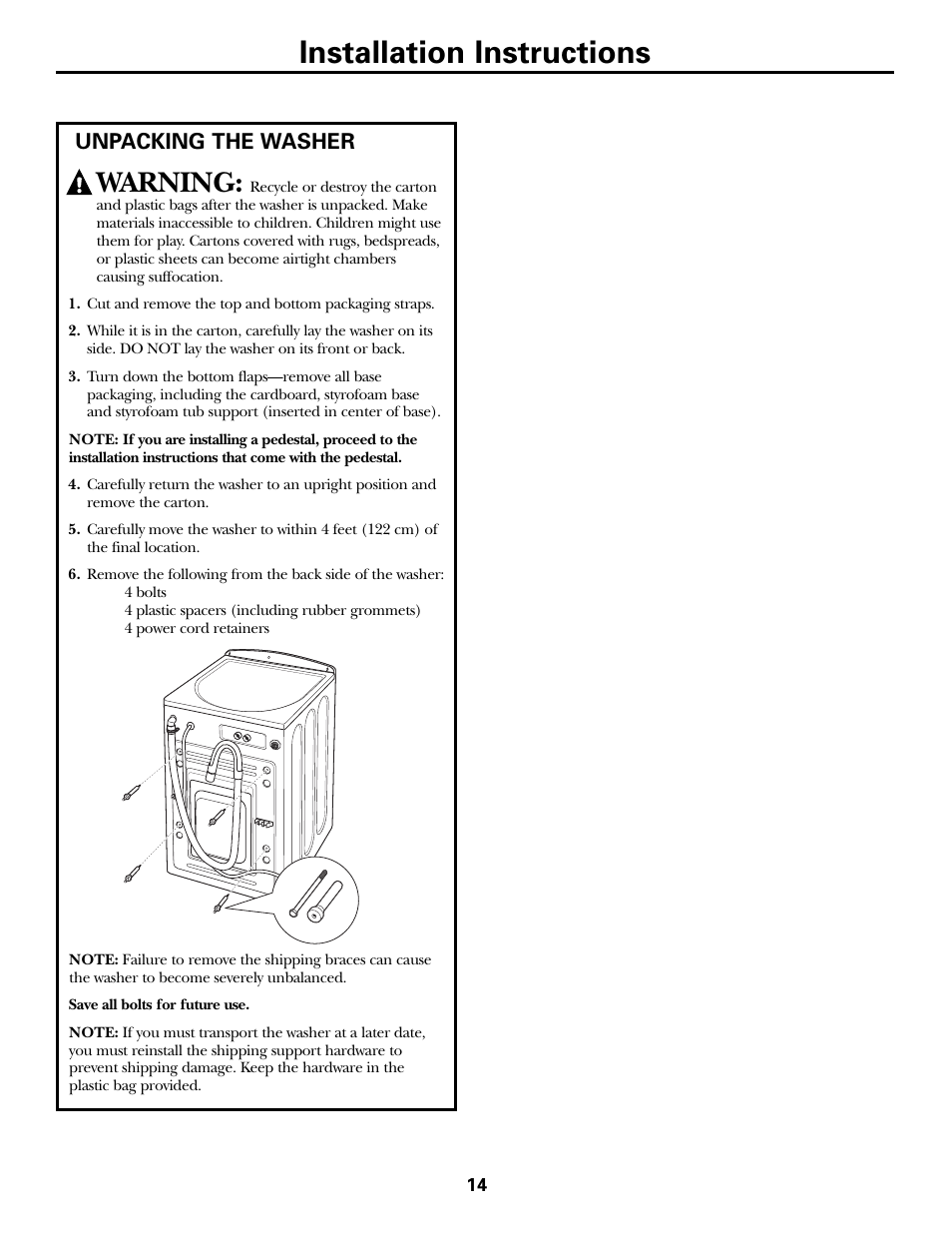 Installation instructions, Warning, Unpacking the washer | GE Front Load Washer WHDVH626 User Manual | Page 14 / 24