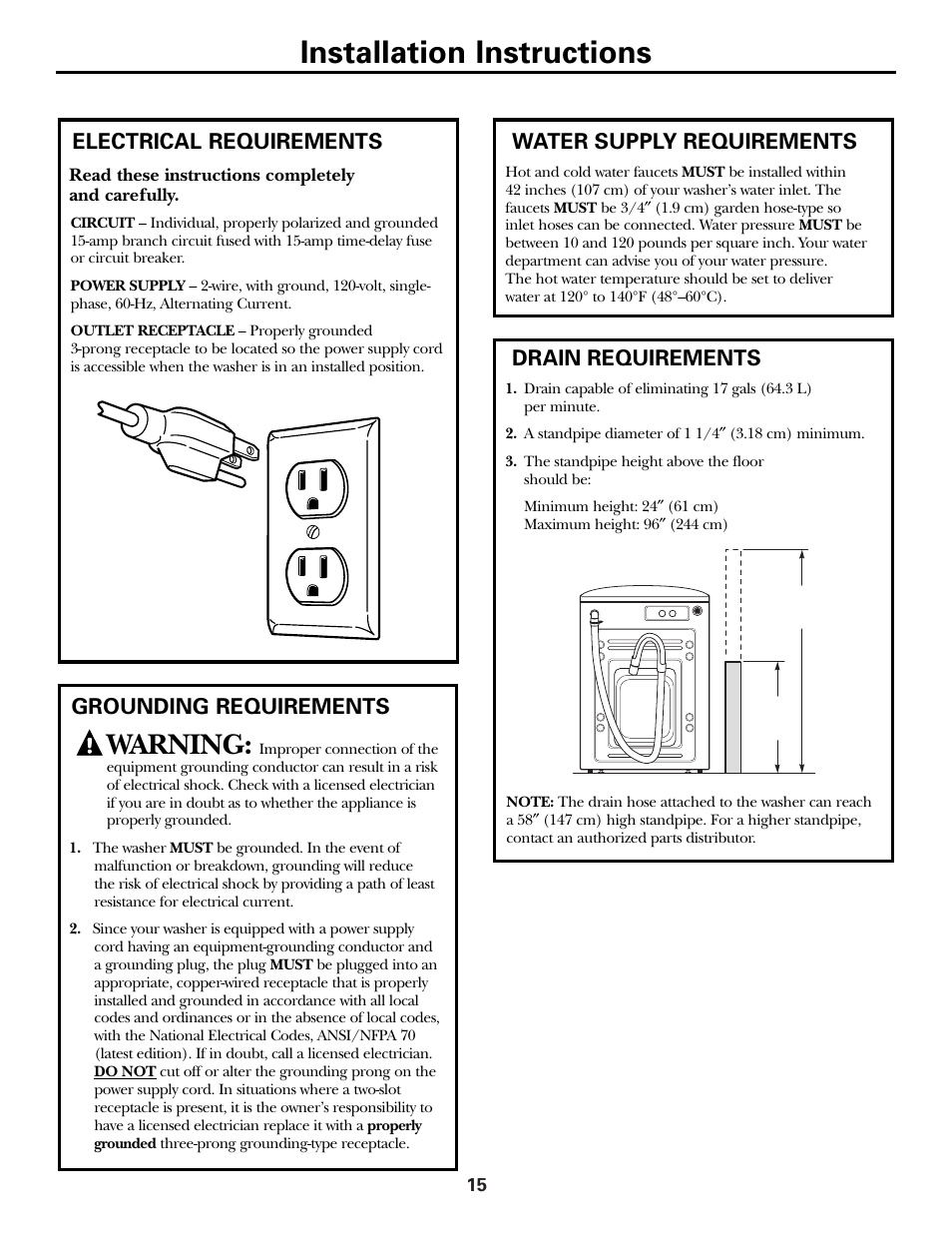 Installation instructions, Warning, Electrical requirements | Grounding requirements water supply requirements, Drain requirements | GE Front Load Washer WHDVH626 User Manual | Page 15 / 24