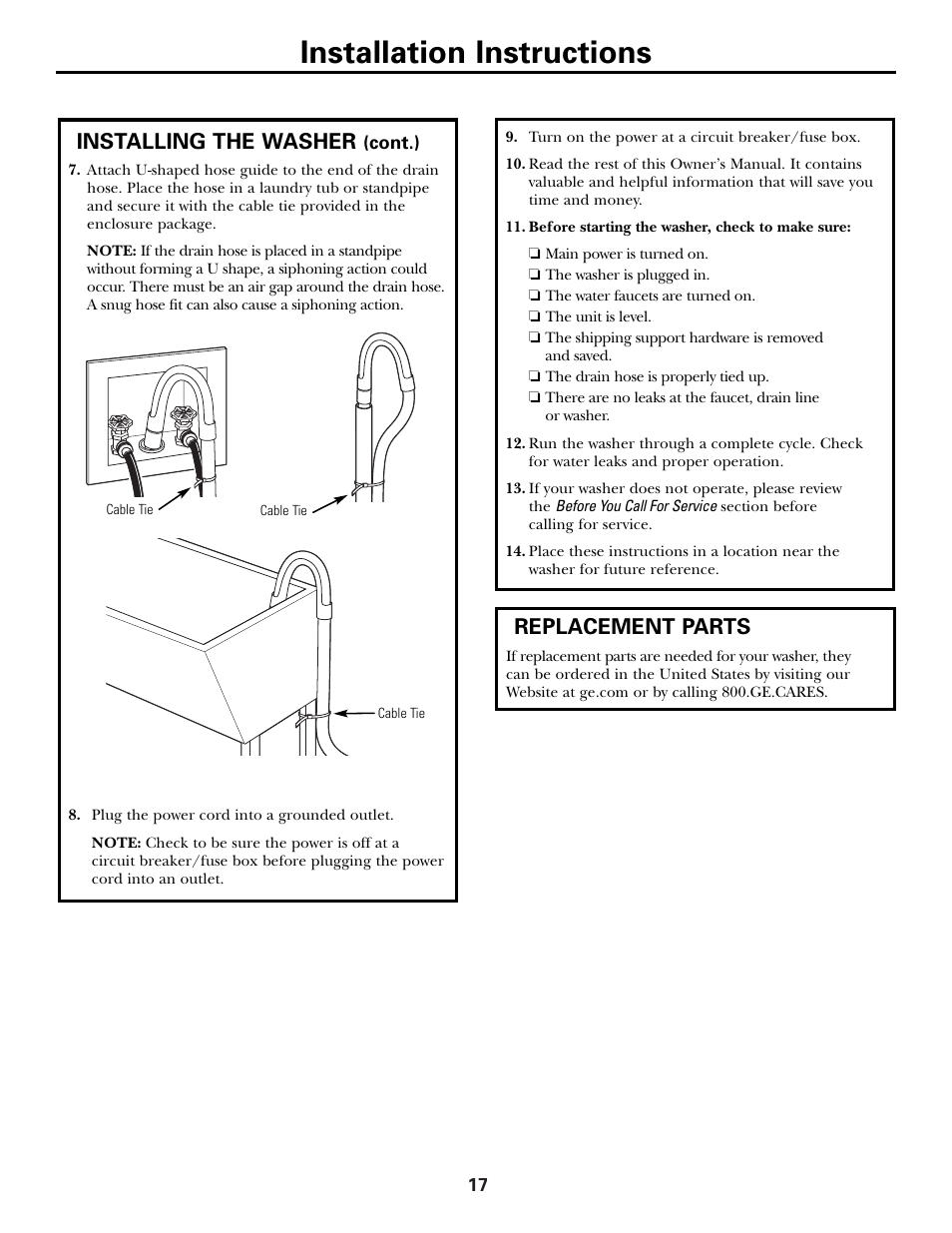 Installation instructions, Installing the washer, Replacement parts | GE Front Load Washer WHDVH626 User Manual | Page 17 / 24
