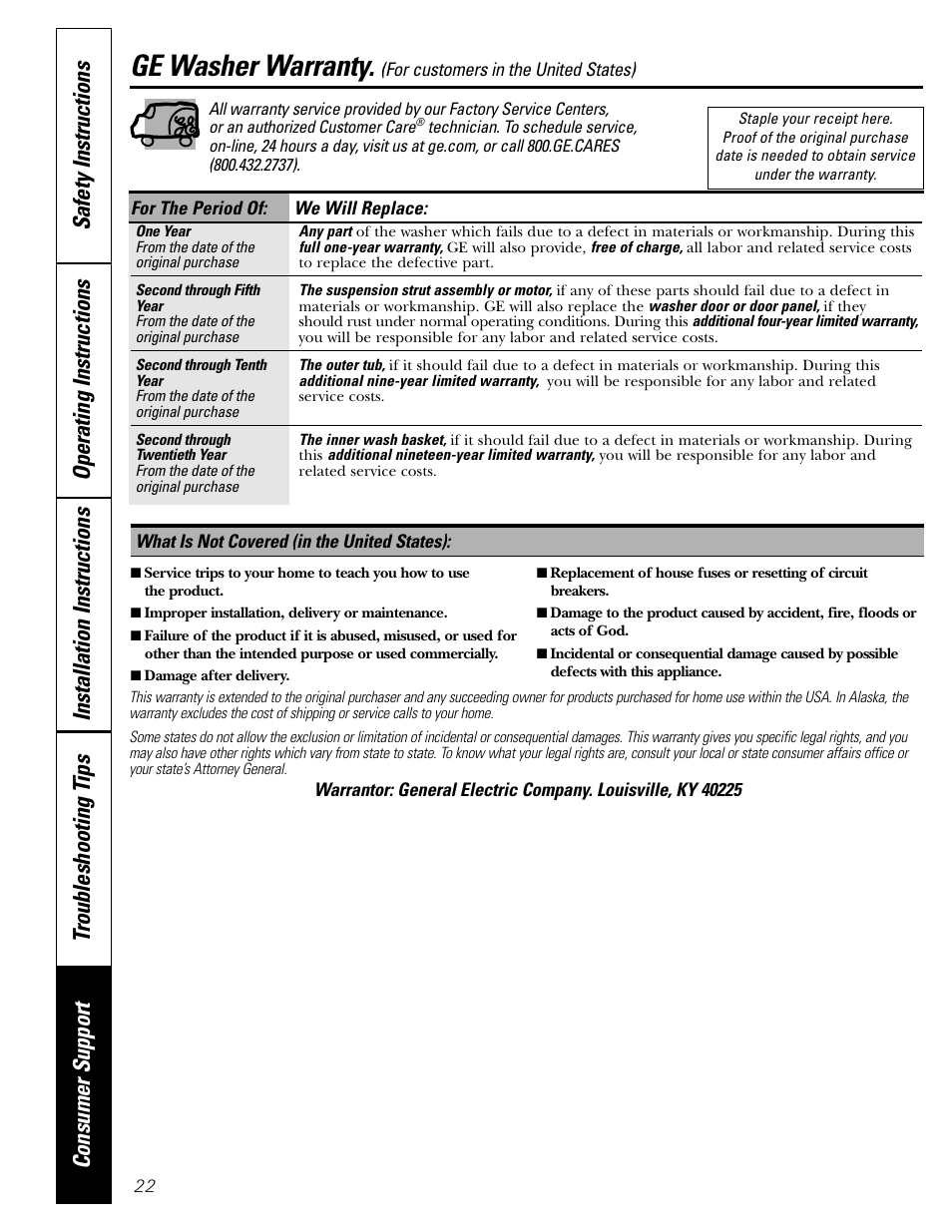 Ge washer warranty | GE Front Load Washer WHDVH626 User Manual | Page 22 / 24
