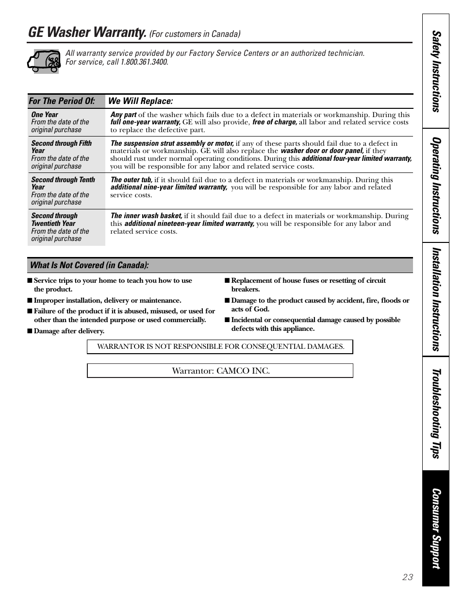 Ge washer warranty | GE Front Load Washer WHDVH626 User Manual | Page 23 / 24