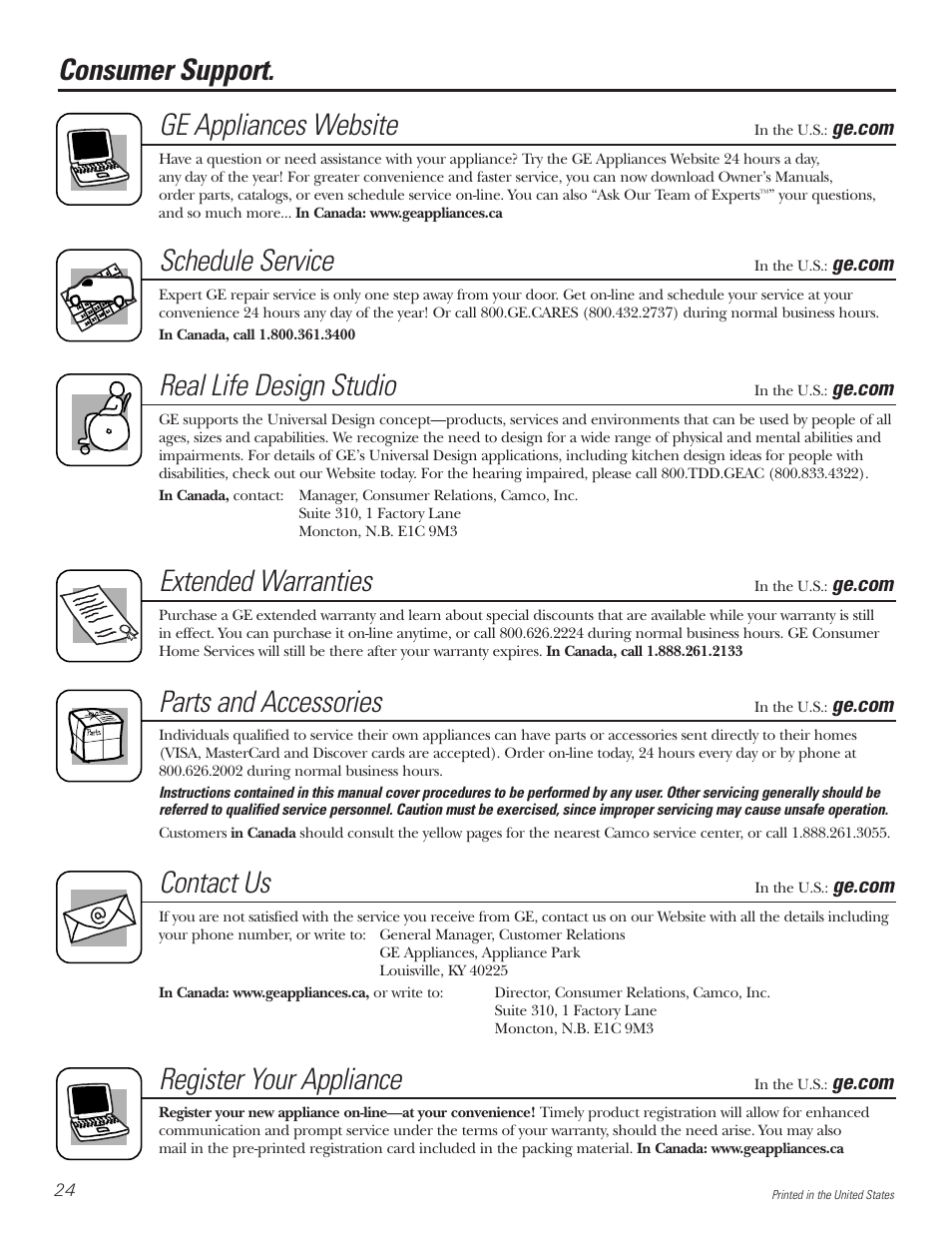 Consumer support. ge appliances website, Schedule service, Real life design studio | Extended warranties, Parts and accessories, Contact us, Register your appliance | GE Front Load Washer WHDVH626 User Manual | Page 24 / 24