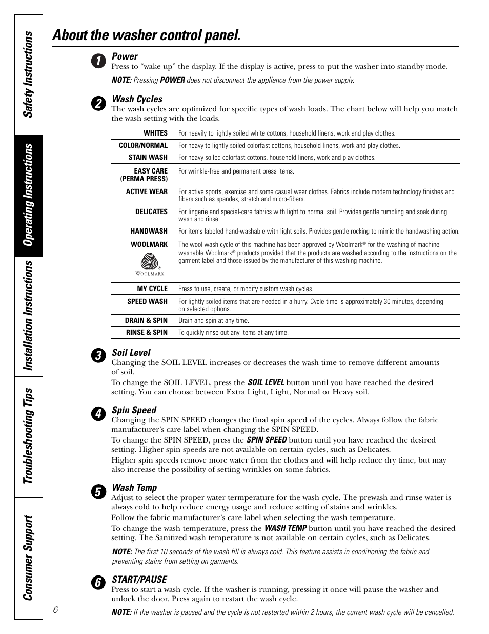 About the washer control panel | GE Front Load Washer WHDVH626 User Manual | Page 6 / 24