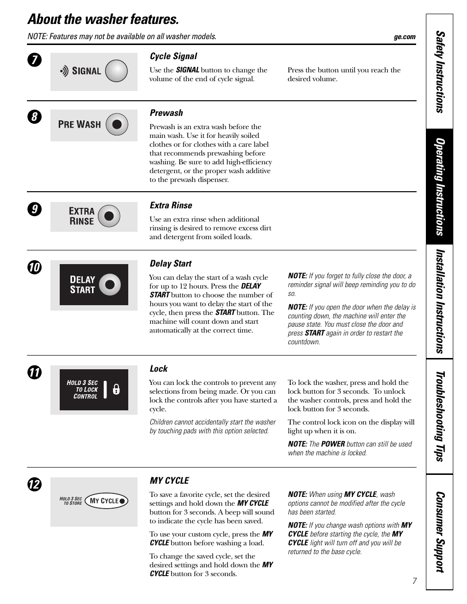 About the washer features | GE Front Load Washer WHDVH626 User Manual | Page 7 / 24