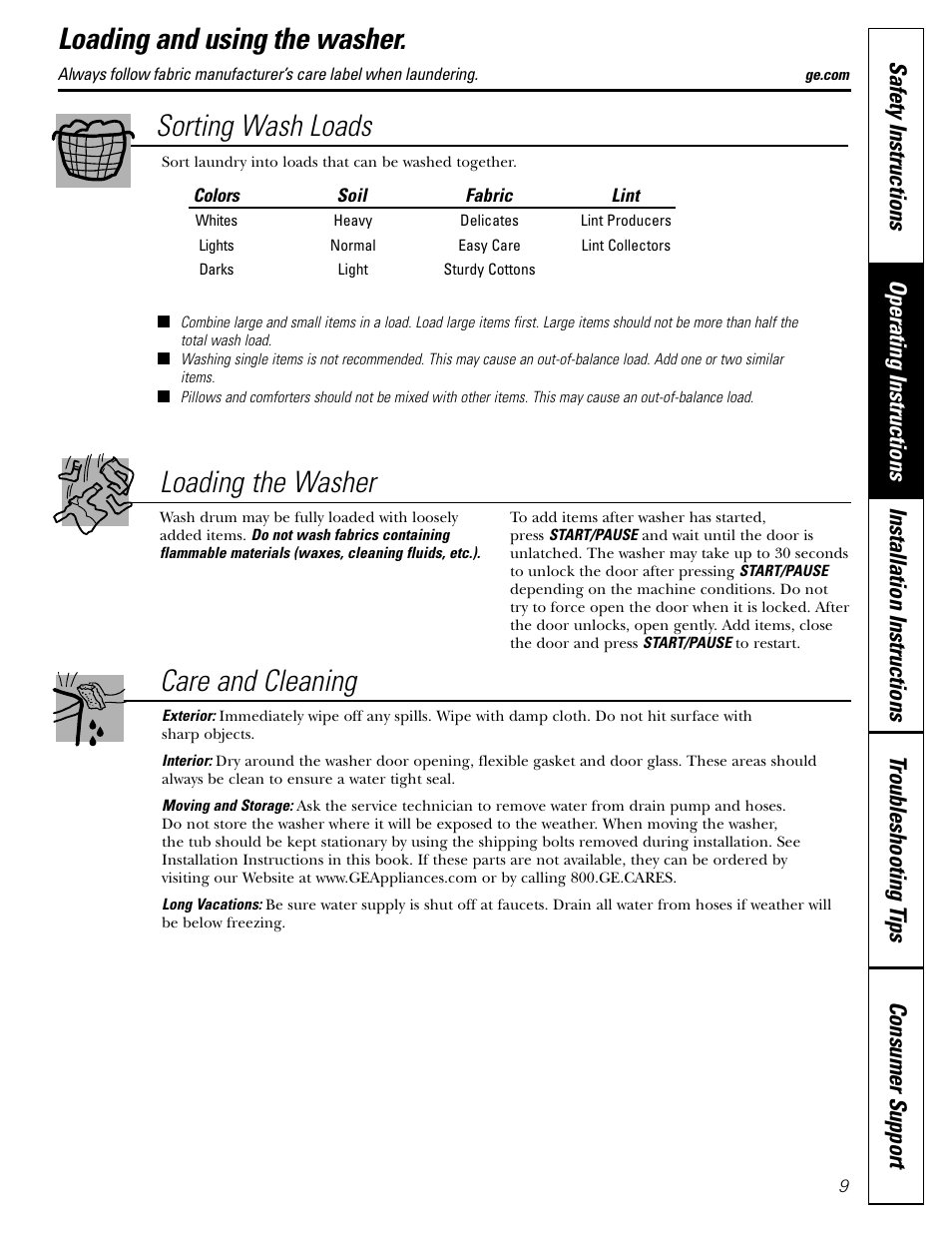 Care and cleaning loading and using the washer, Sorting wash loads loading the washer | GE Front Load Washer WHDVH626 User Manual | Page 9 / 24