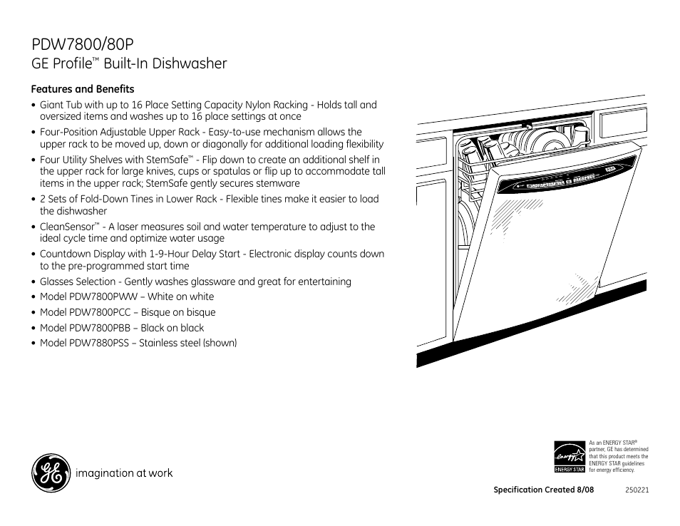 Ge profile, Built-in dishwasher, Pdw7880pss | GE Profile PDW7880P User Manual | Page 2 / 2
