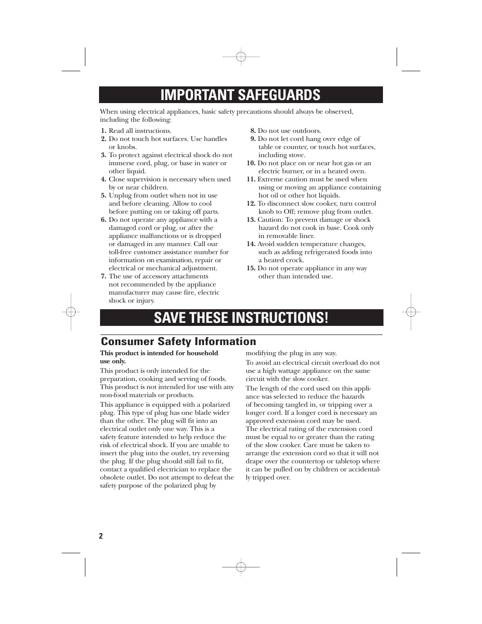 Important safeguards save these instructions, Consumer safety information | GE 169016 User Manual | Page 2 / 6