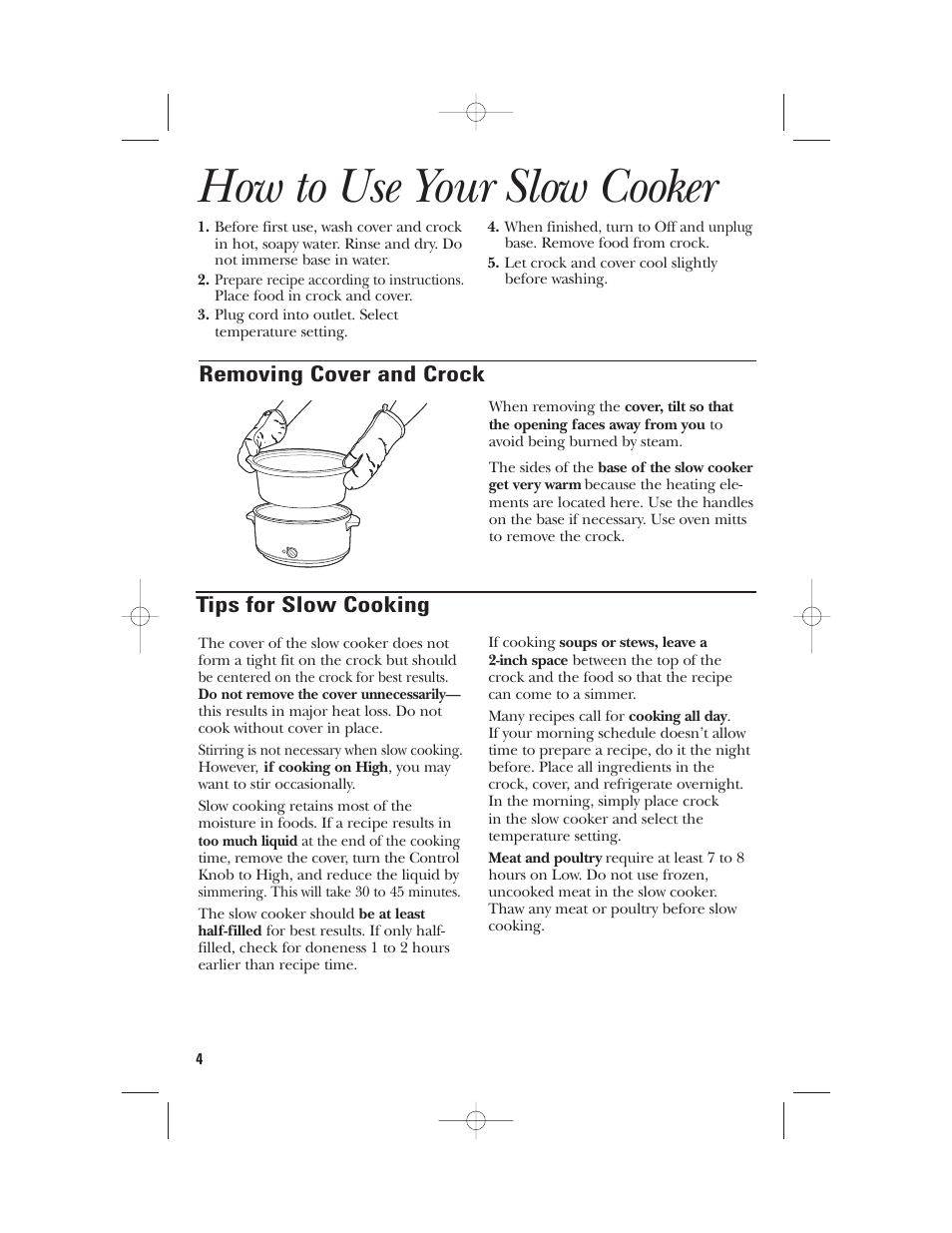 How to use your slow cooker, Removing cover and crock, Tips for slow cooking | GE 169016 User Manual | Page 4 / 6