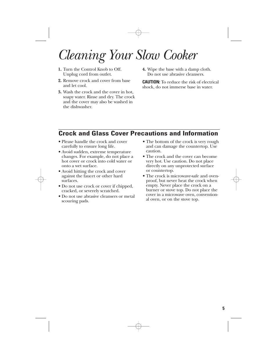 Cleaning your slow cooker, Crock and glass cover precautions and information | GE 169016 User Manual | Page 5 / 6